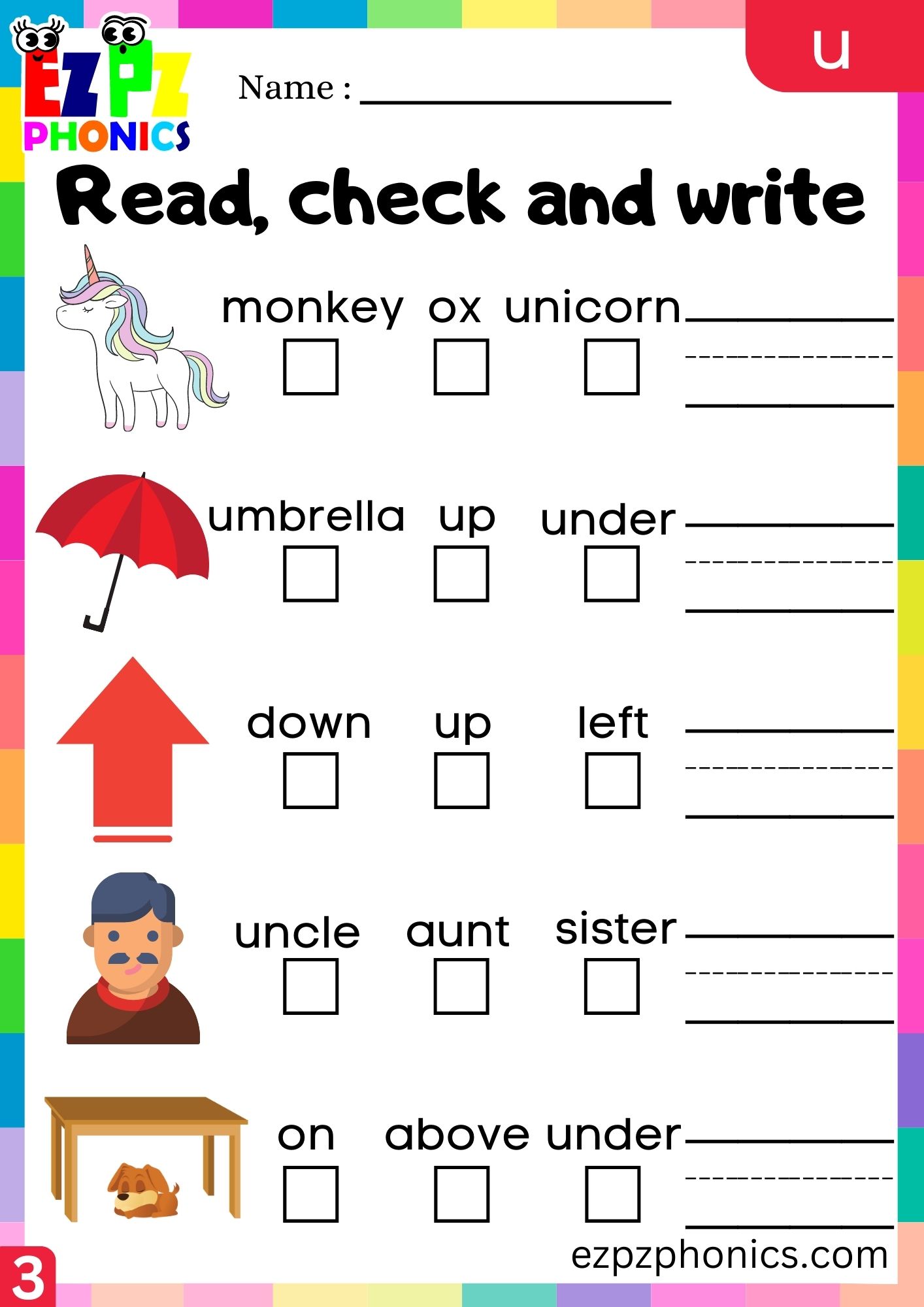 Letter u Read Check and Write the Words Phonics Activity Group 3